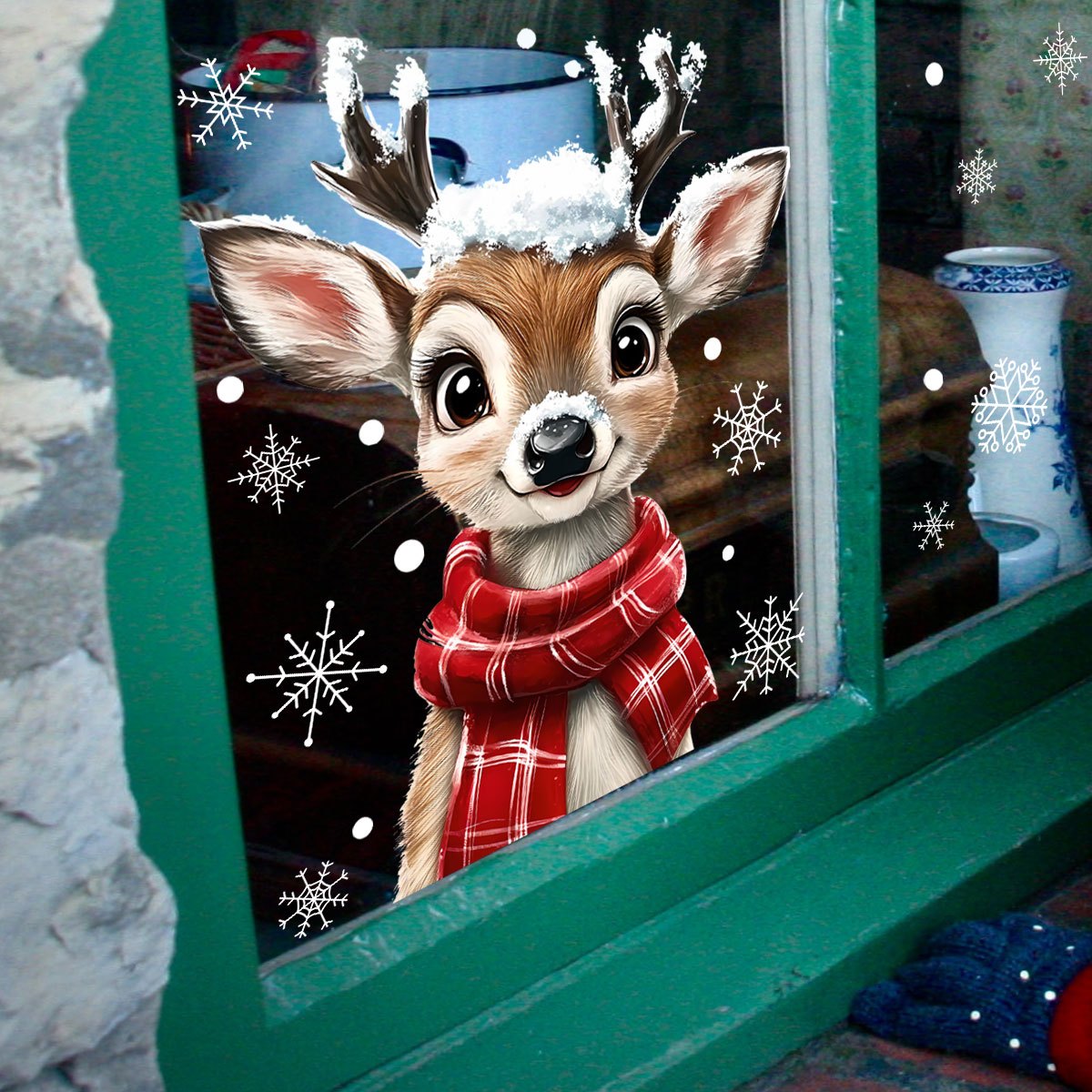 Snowflake Window Decal - 1pc Christmas Scarf Snowflake Reindeer Window