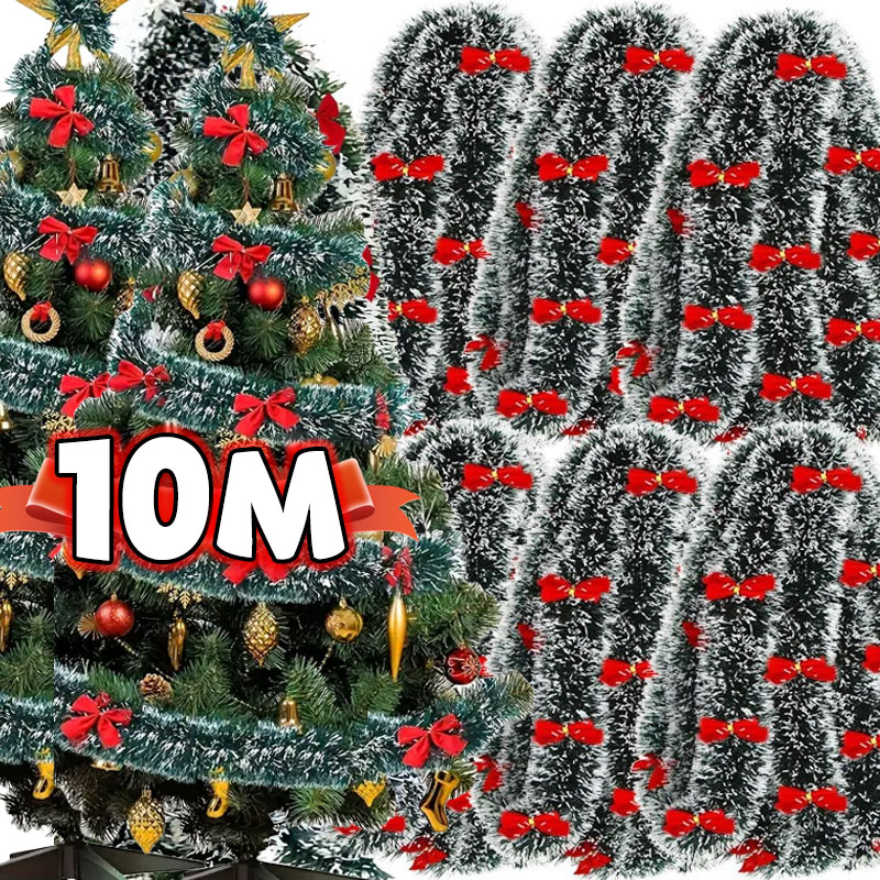 Tinsel Garland Decoration - Christmas Bow Tinsel Ribbons Green Cane