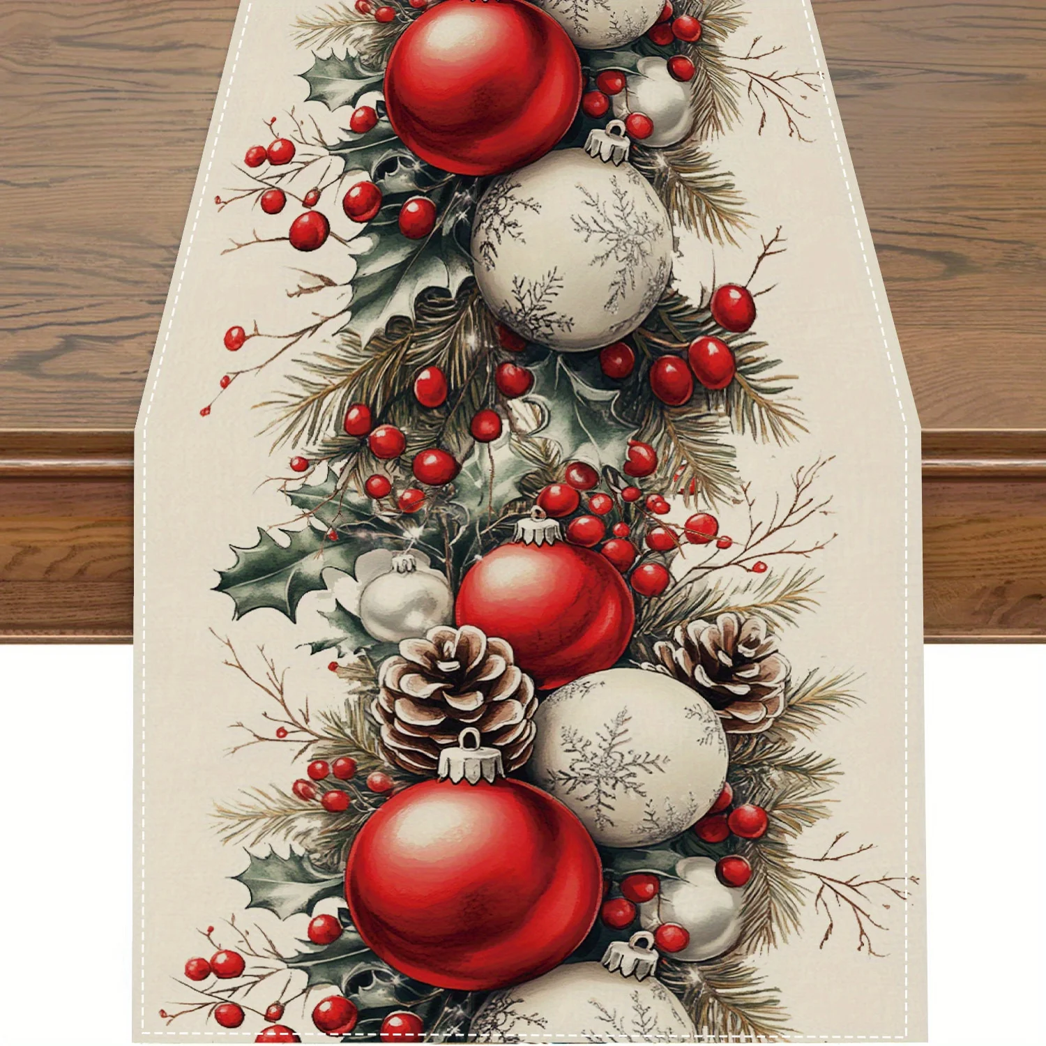 Christmas Table Runner - Christmas Balls Pine Cone Red Berry